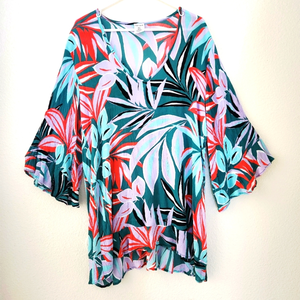 Anne Cole Swim Coverup Tropical Angel Sleeve Ruffle Hem & Sleeves Sz M/L NWOT